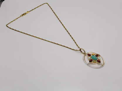 Vintage 14K Yellow Gold Rock Crystal Quartz Amazonite Multi-Gem Pendant