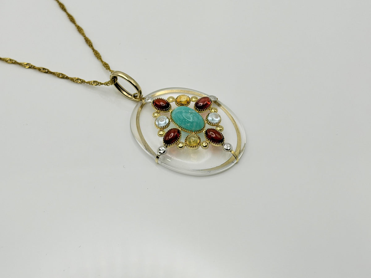 Vintage 14K Yellow Gold Rock Crystal Quartz Amazonite Multi-Gem Pendant