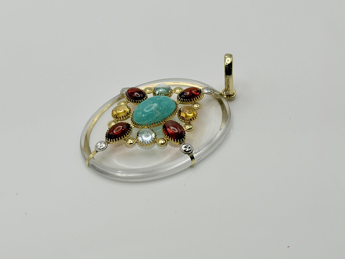 Vintage 14K Yellow Gold Rock Crystal Quartz Amazonite Multi-Gem Pendant