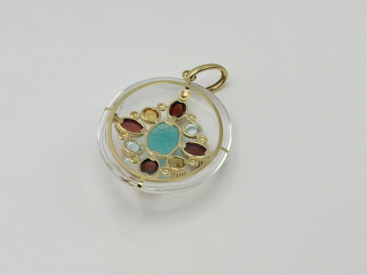 Vintage 14K Yellow Gold Rock Crystal Quartz Amazonite Multi-Gem Pendant
