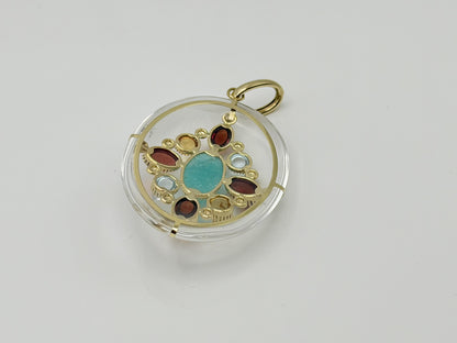 Vintage 14K Yellow Gold Rock Crystal Quartz Amazonite Multi-Gem Pendant
