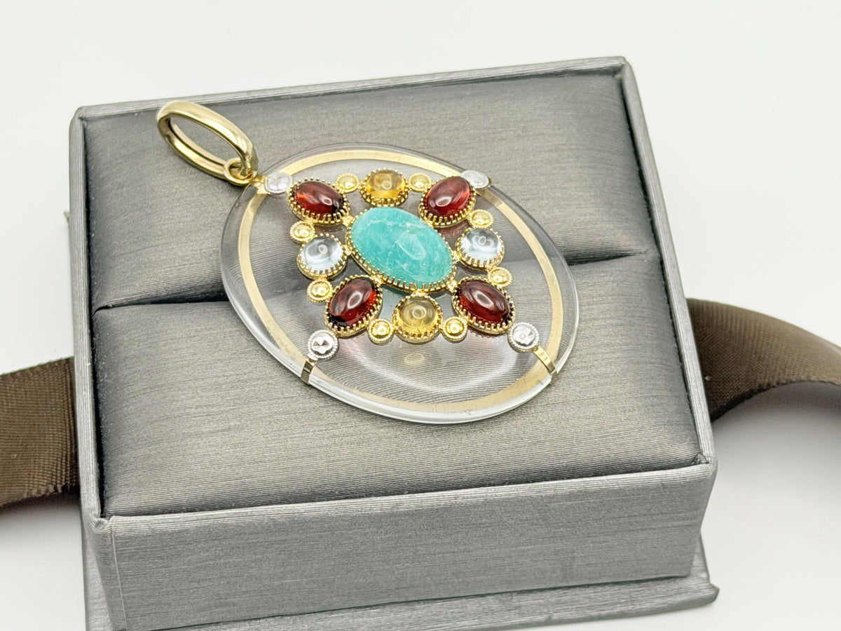 Vintage 14K Yellow Gold Rock Crystal Quartz Amazonite Multi-Gem Pendant