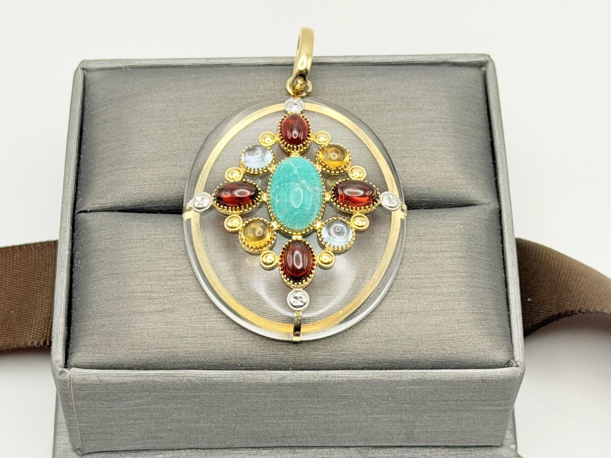 Vintage 14K Yellow Gold Rock Crystal Quartz Amazonite Multi-Gem Pendant