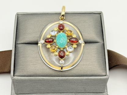 Vintage 14K Yellow Gold Rock Crystal Quartz Amazonite Multi-Gem Pendant
