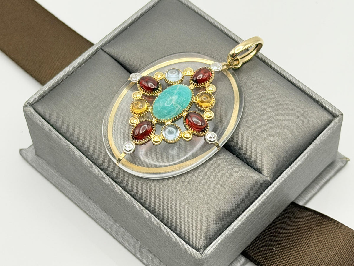 Vintage 14K Yellow Gold Rock Crystal Quartz Amazonite Multi-Gem Pendant