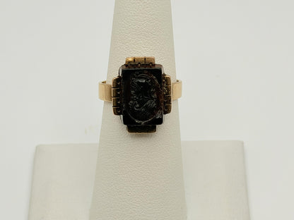 Vintage 10K Yellow Gold Garnet Intaglio Cameo Ring Carved Profile Ring