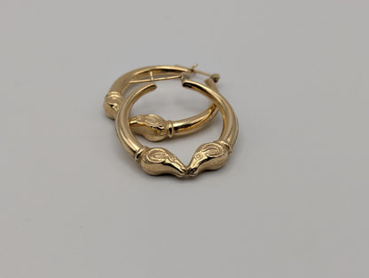 Large 14k Yellow Gold Rams Head Hoop Earrings Hinged Hoops