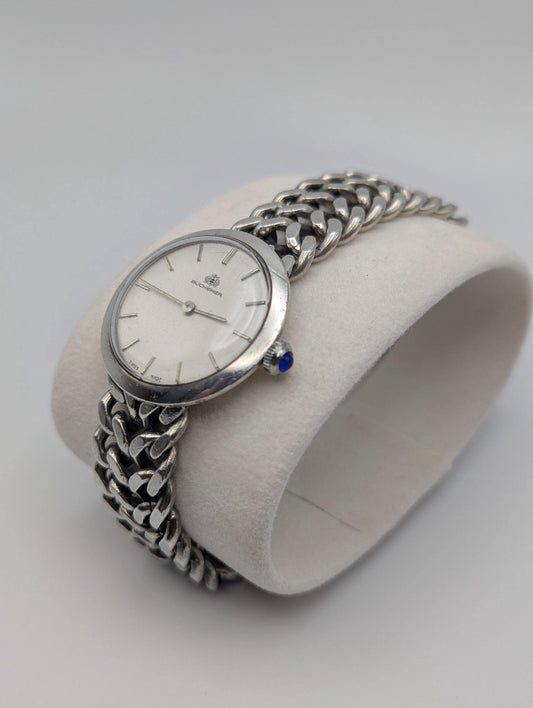 Rare Vintage Bucherer Sterling Silver Manual Wind Men Watch Double Chain Band