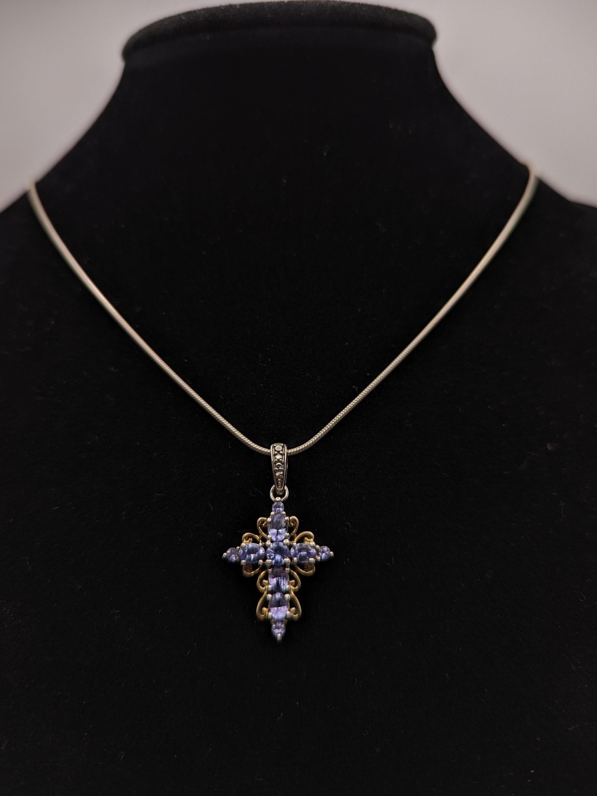 Sterling Silver Blue Tanzanite Cross Pendant Crucifix Necklace Sterling Silver