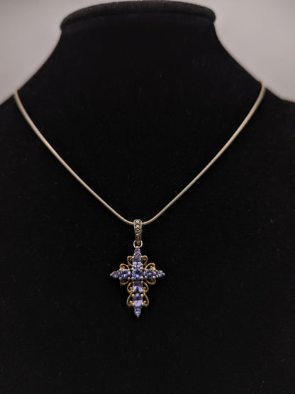 Sterling Silver Blue Tanzanite Cross Pendant Crucifix Necklace Sterling Silver