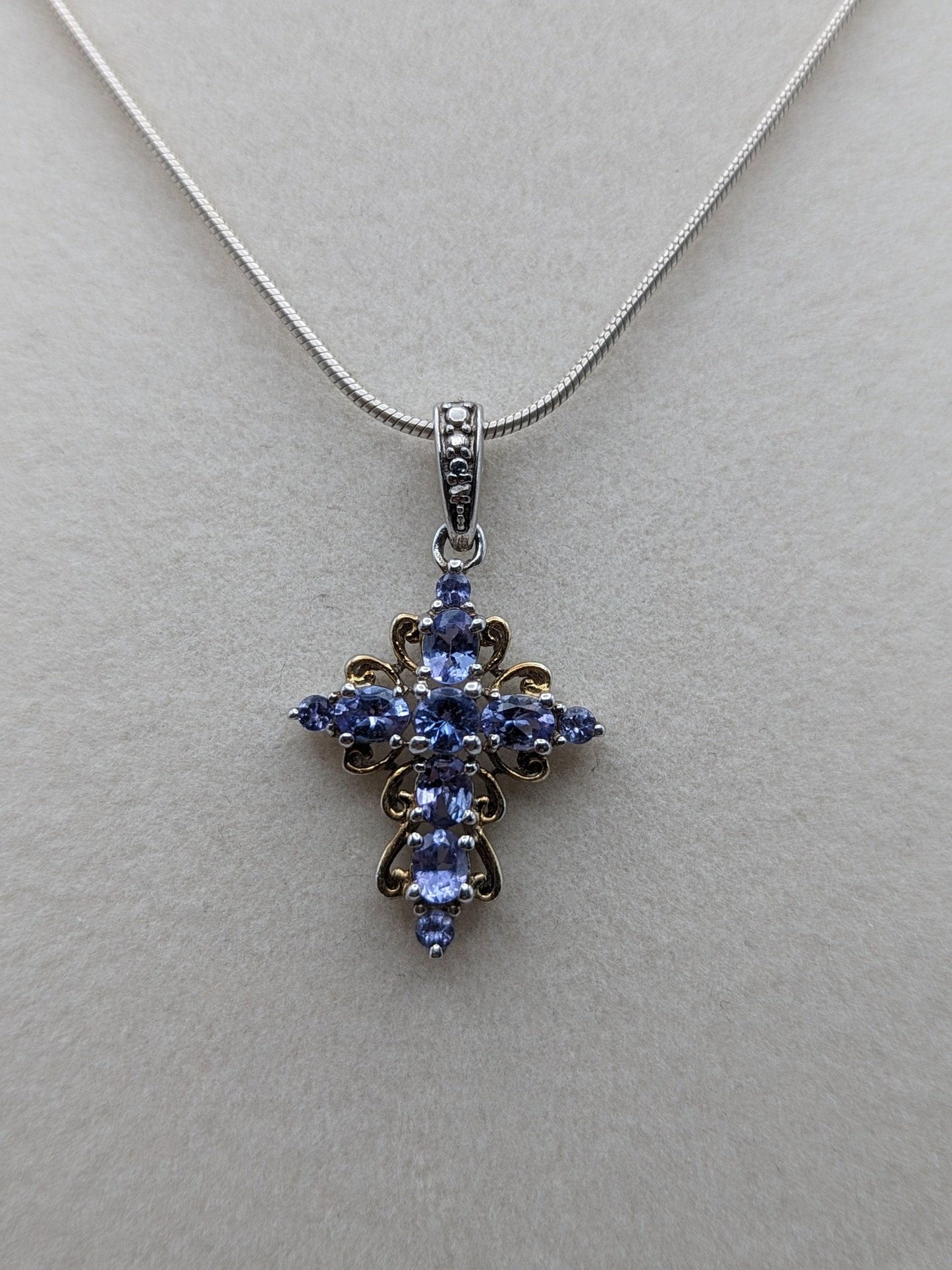Sterling Silver Blue Tanzanite Cross Pendant Crucifix Necklace Sterling Silver