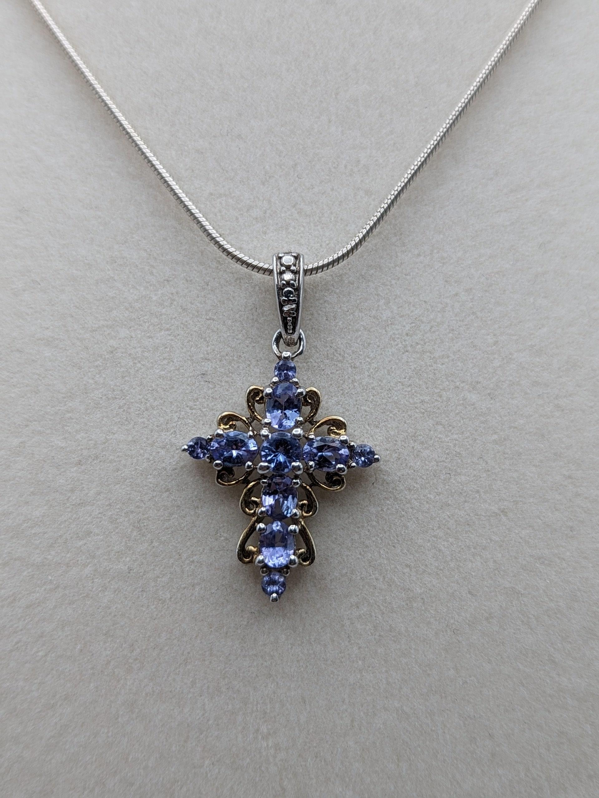 Sterling Silver Blue Tanzanite Cross Pendant Crucifix Necklace Sterling Silver