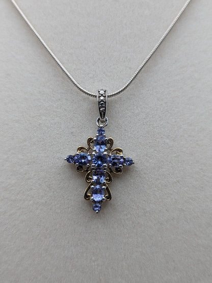 Sterling Silver Blue Tanzanite Cross Pendant Crucifix Necklace Sterling Silver