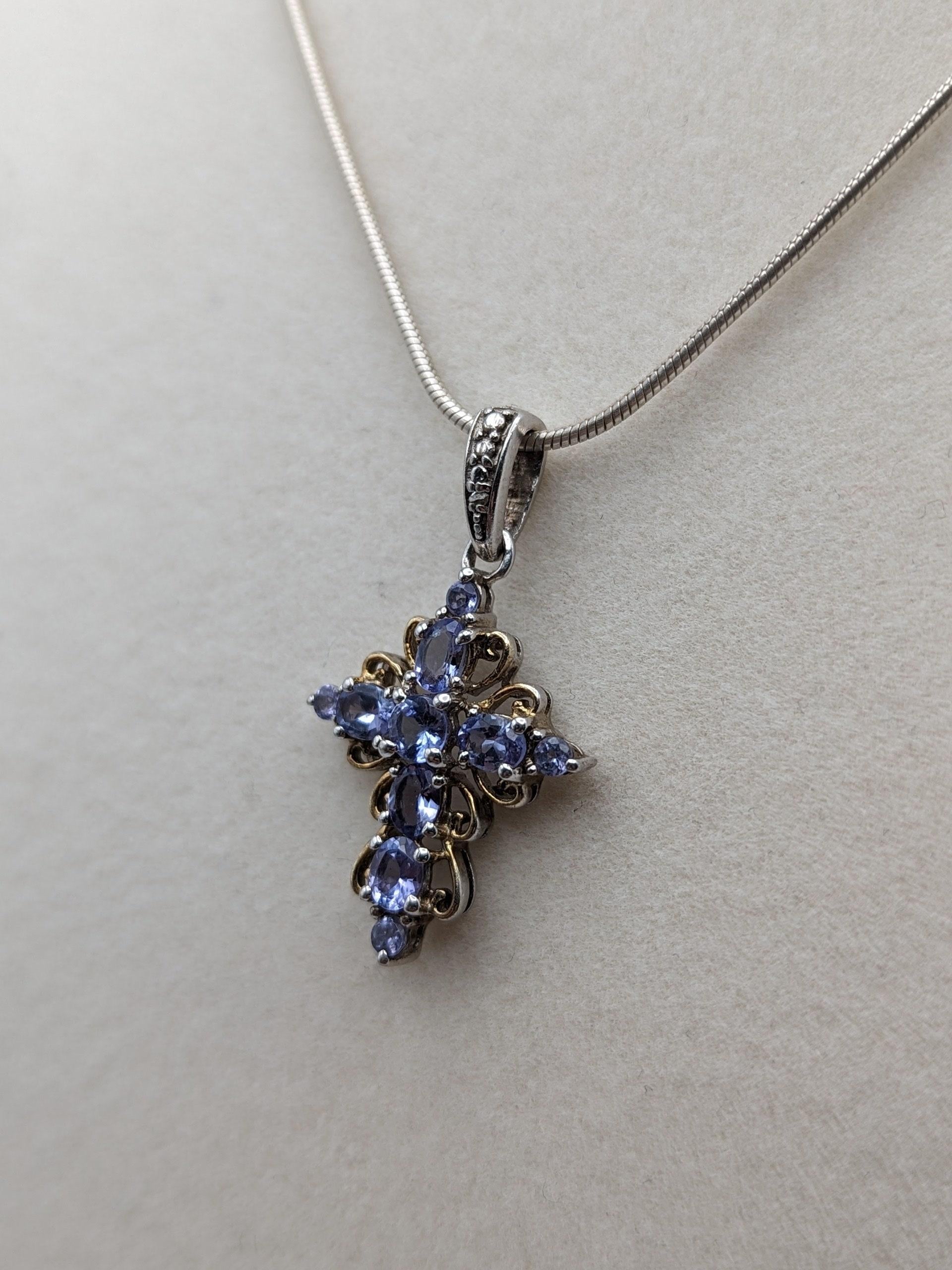 Sterling Silver Blue Tanzanite Cross Pendant Crucifix Necklace Sterling Silver