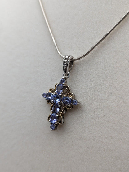 Sterling Silver Blue Tanzanite Cross Pendant Crucifix Necklace Sterling Silver