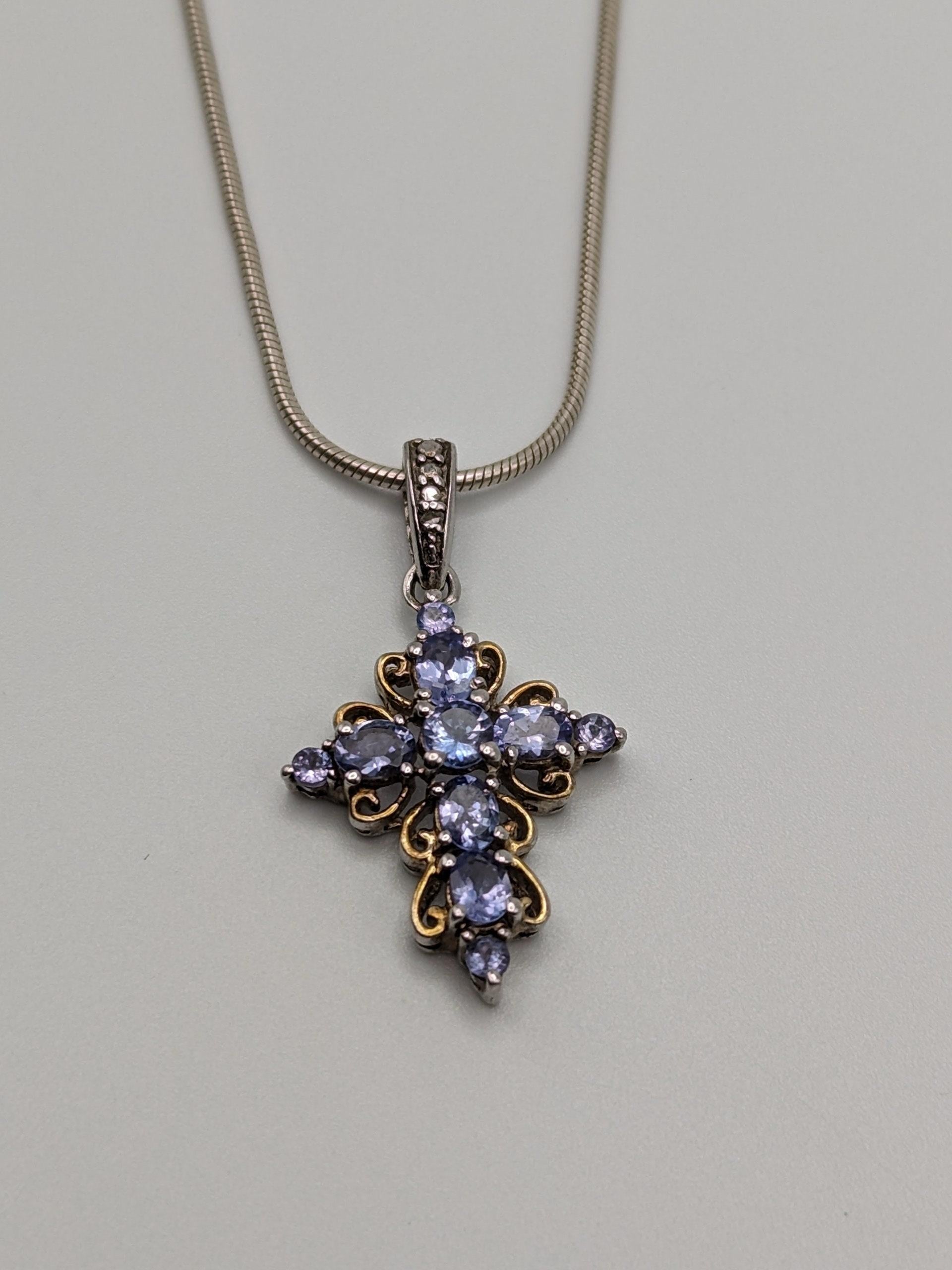Sterling Silver Blue Tanzanite Cross Pendant Crucifix Necklace Sterling Silver