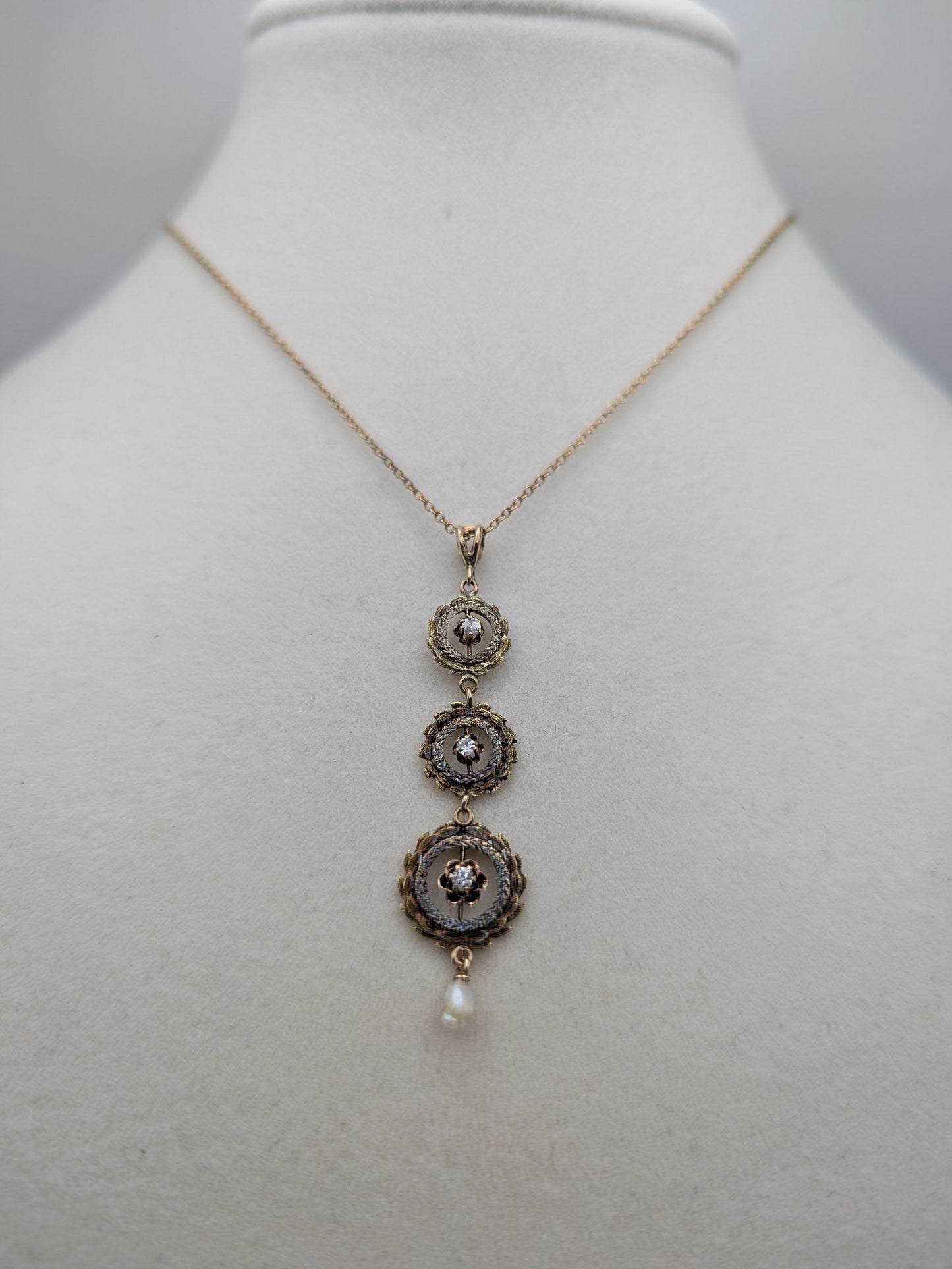 Victorian 10k & 14k Pearl Lavaliere Diamond Necklace. Vintage Victorian