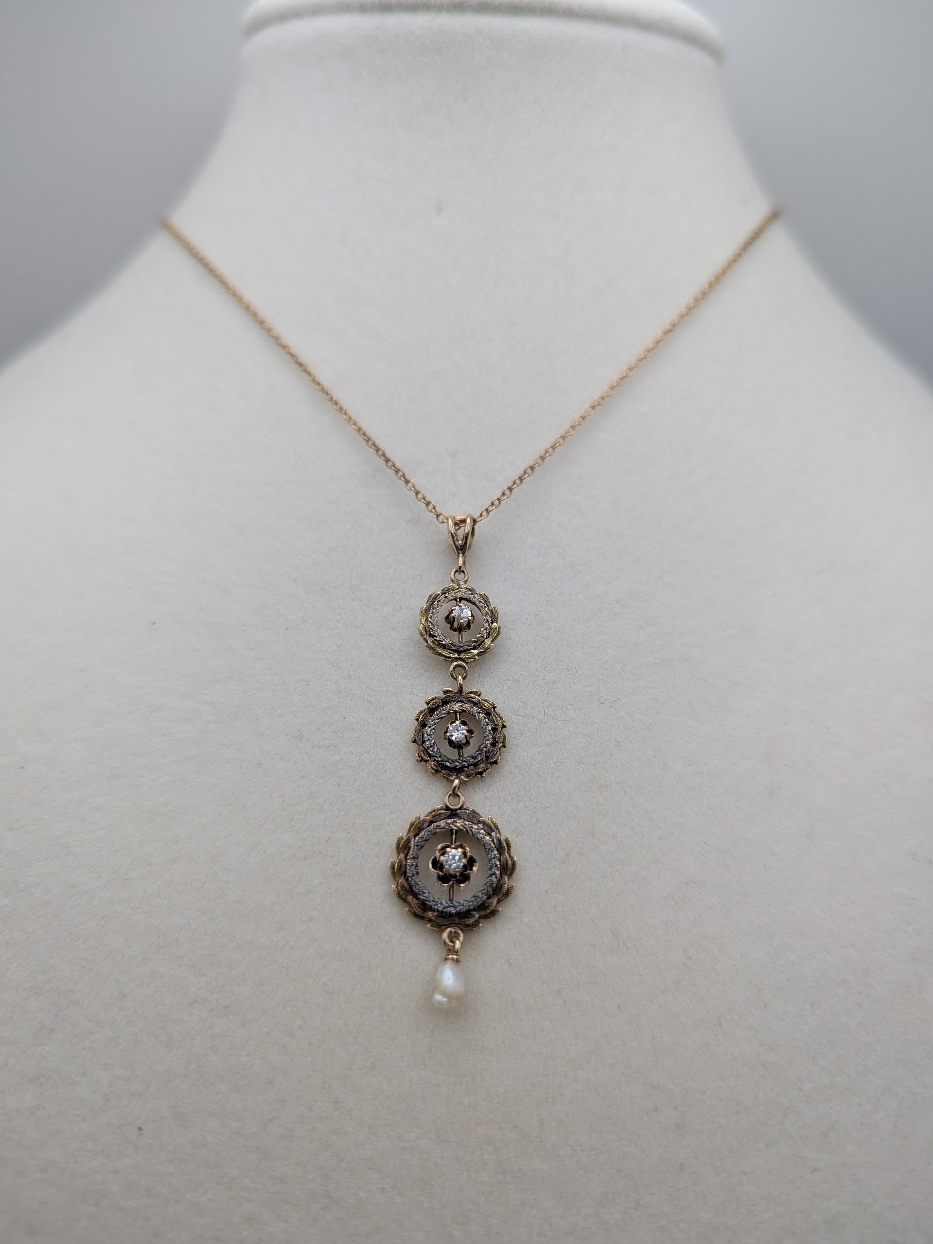 Victorian 10k & 14k Pearl Lavaliere Diamond Necklace. Vintage Victorian