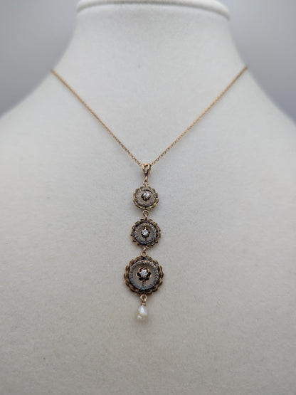 Victorian 10k & 14k Pearl Lavaliere Diamond Necklace. Vintage Victorian