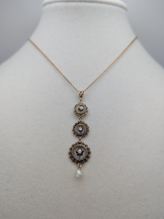 Victorian 10k & 14k Pearl Lavaliere Diamond Necklace. Vintage Victorian