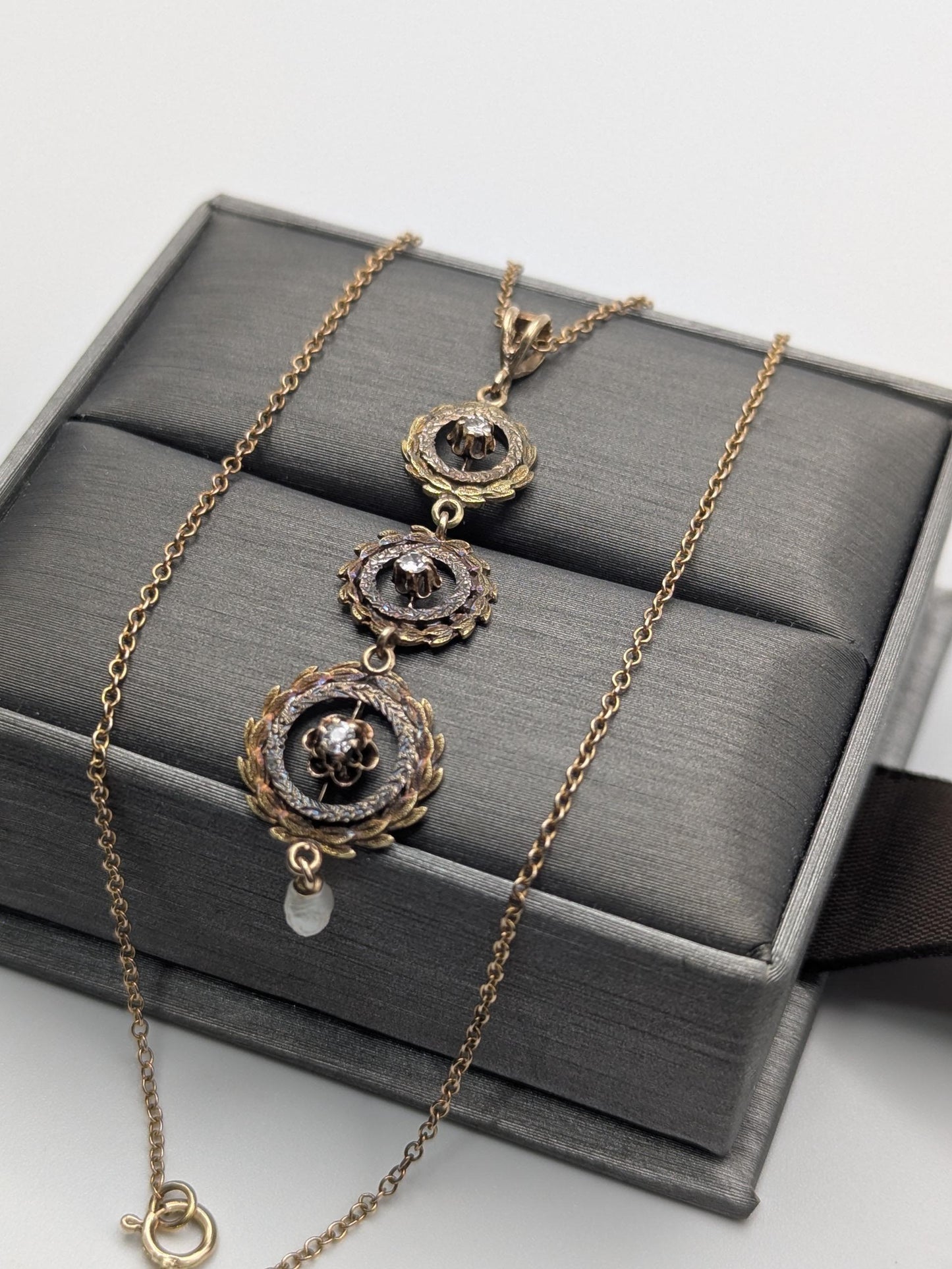 Victorian 10k & 14k Pearl Lavaliere Diamond Necklace. Vintage Victorian