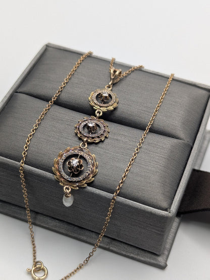 Victorian 10k & 14k Pearl Lavaliere Diamond Necklace. Vintage Victorian