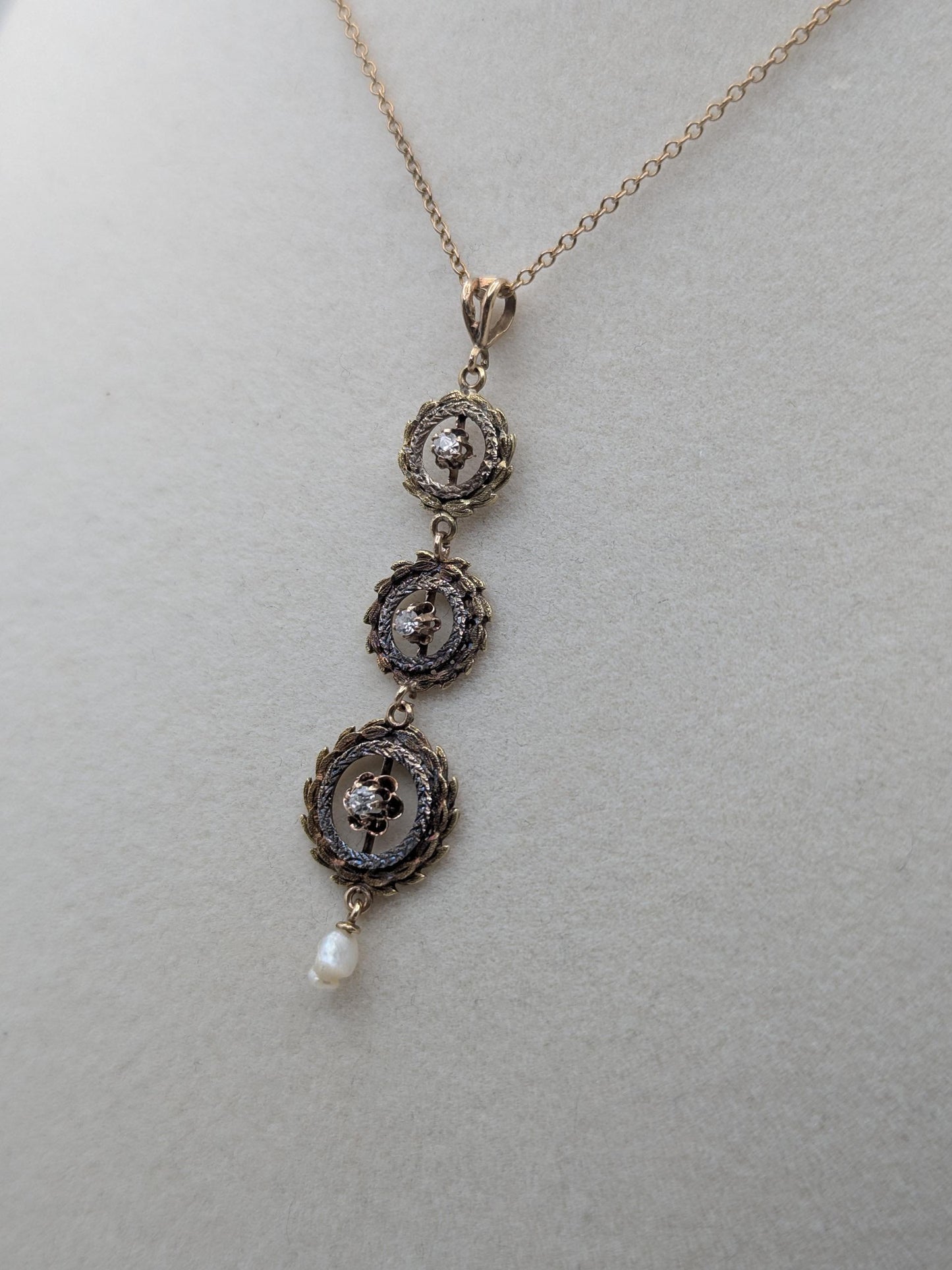 Victorian 10k & 14k Pearl Lavaliere Diamond Necklace. Vintage Victorian
