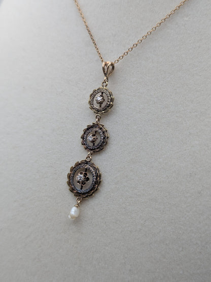 Victorian 10k & 14k Pearl Lavaliere Diamond Necklace. Vintage Victorian