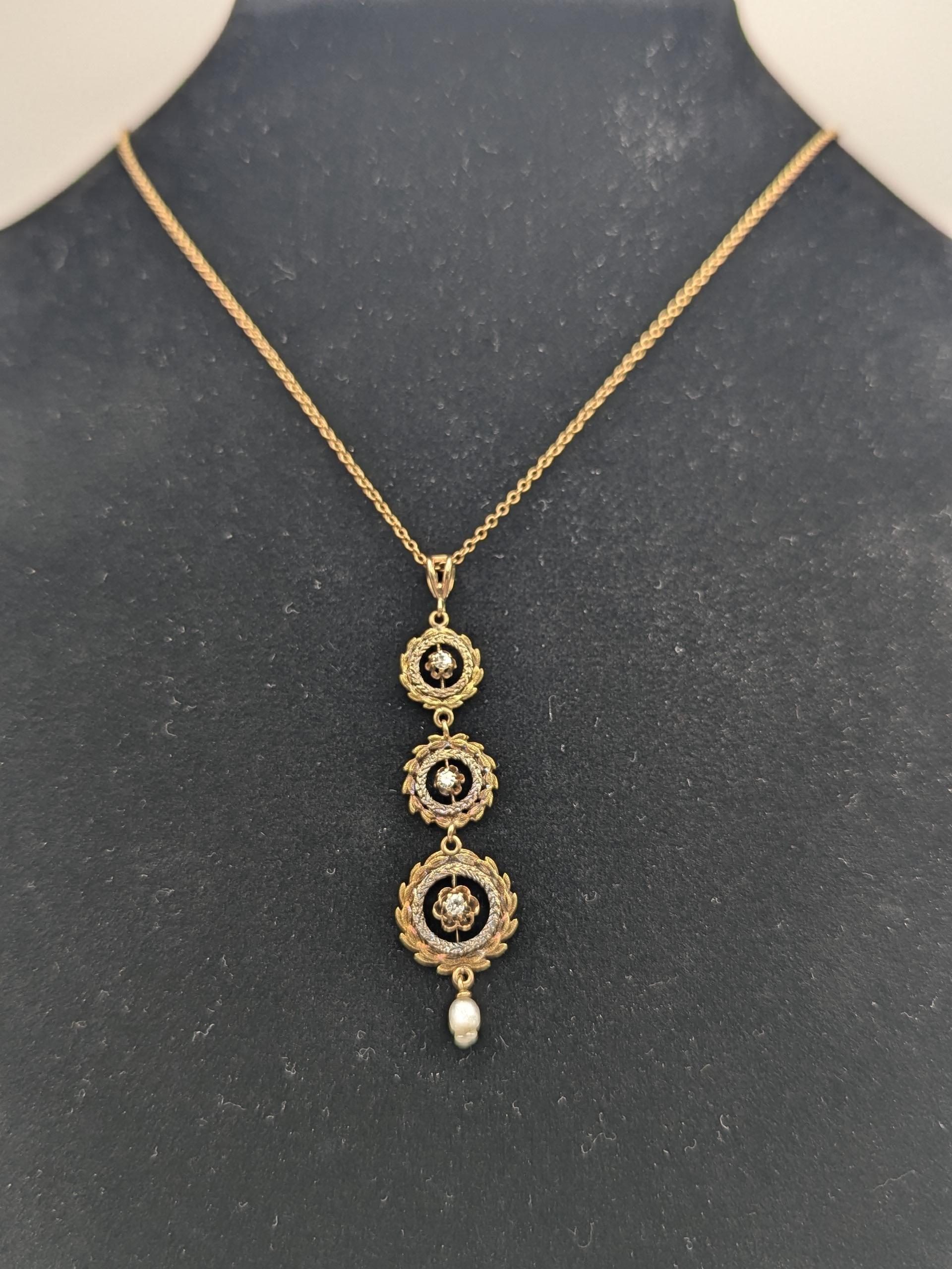 Victorian 10k & 14k Pearl Lavaliere Diamond Necklace. Vintage Victorian