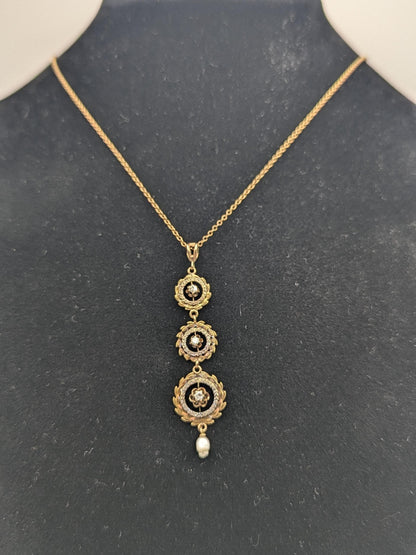 Victorian 10k & 14k Pearl Lavaliere Diamond Necklace. Vintage Victorian
