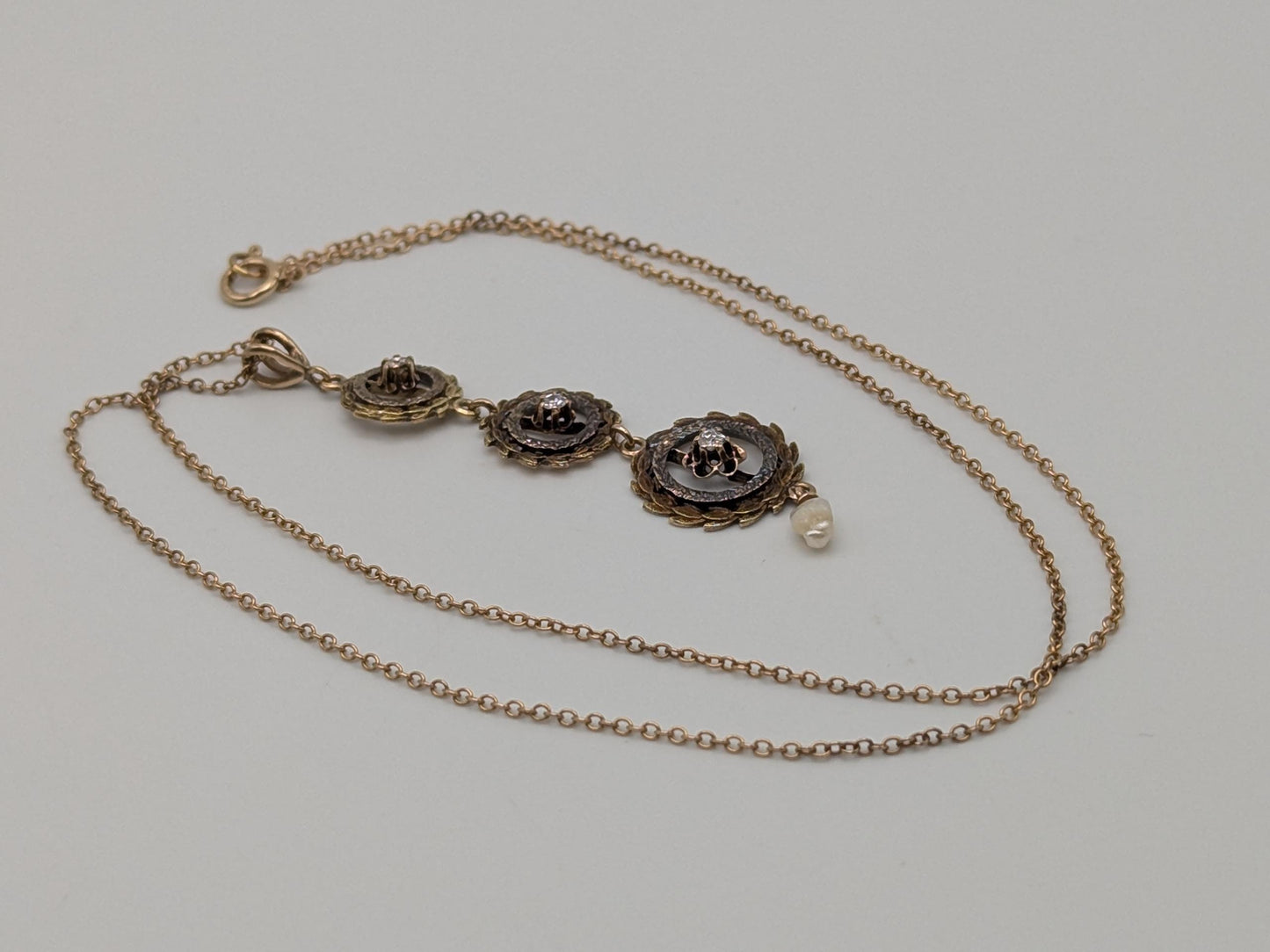 Victorian 10k & 14k Pearl Lavaliere Diamond Necklace. Vintage Victorian