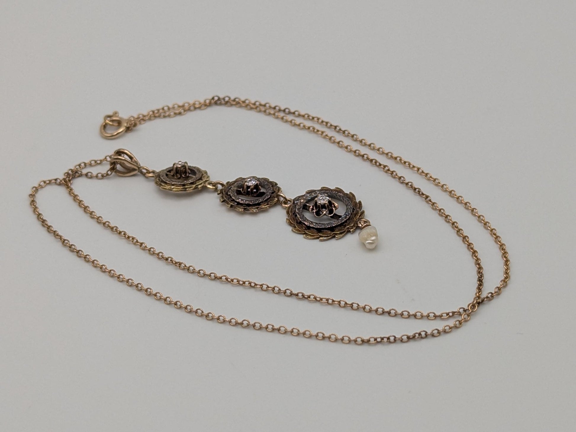 Victorian 10k & 14k Pearl Lavaliere Diamond Necklace. Vintage Victorian