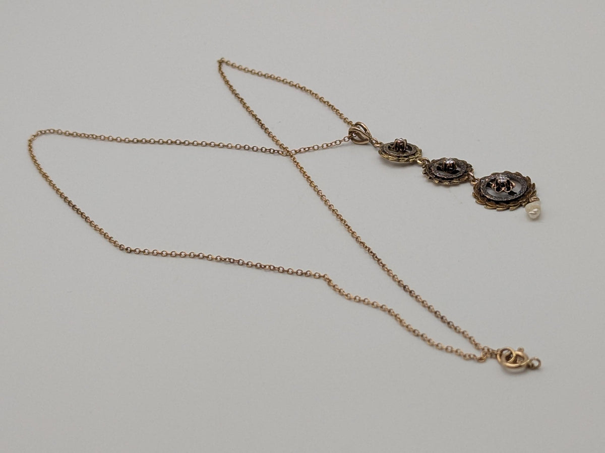 Victorian 10k & 14k Pearl Lavaliere Diamond Necklace. Vintage Victorian