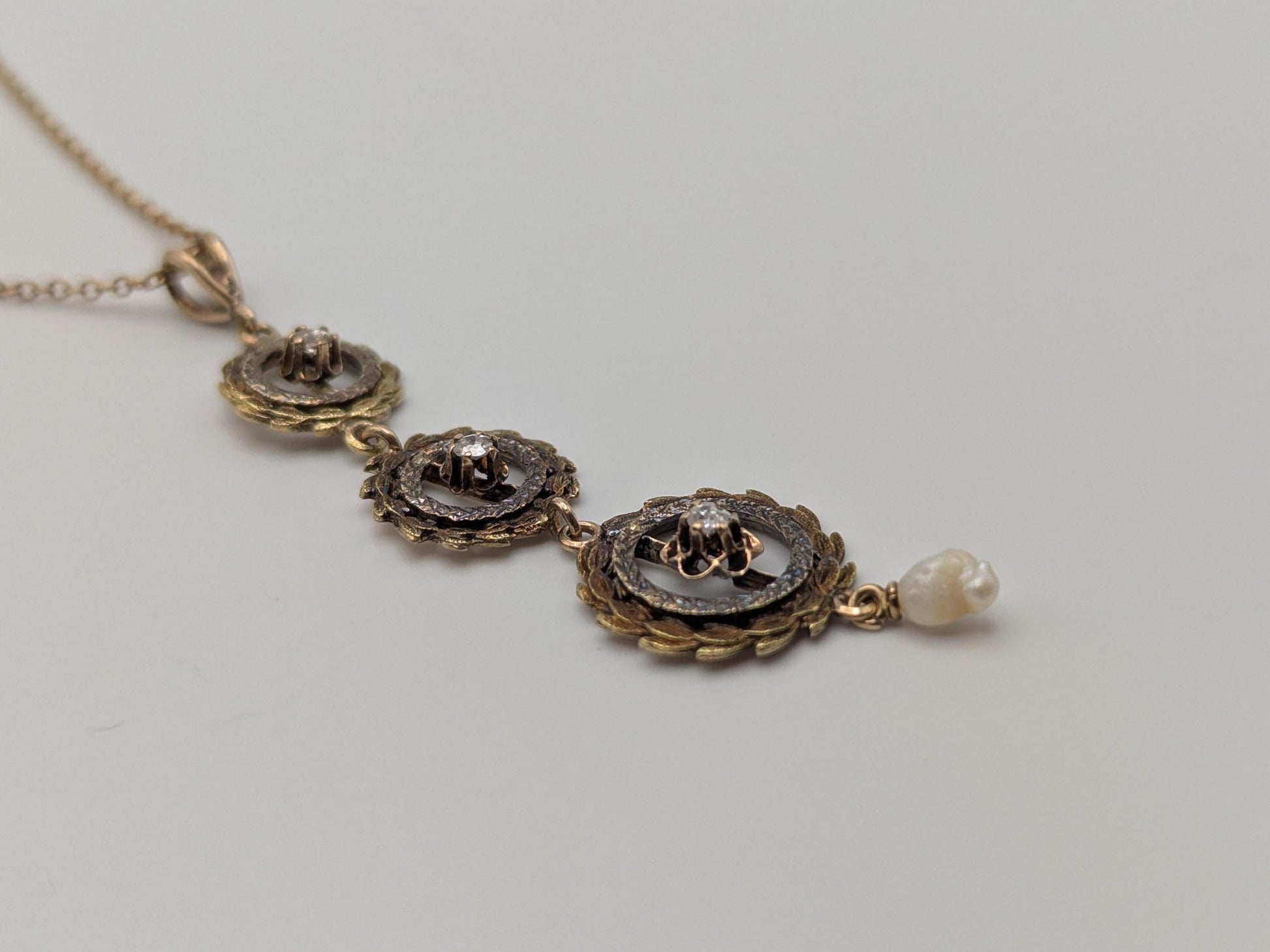 Victorian 10k & 14k Pearl Lavaliere Diamond Necklace. Vintage Victorian