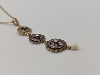 Victorian 10k & 14k Pearl Lavaliere Diamond Necklace. Vintage Victorian