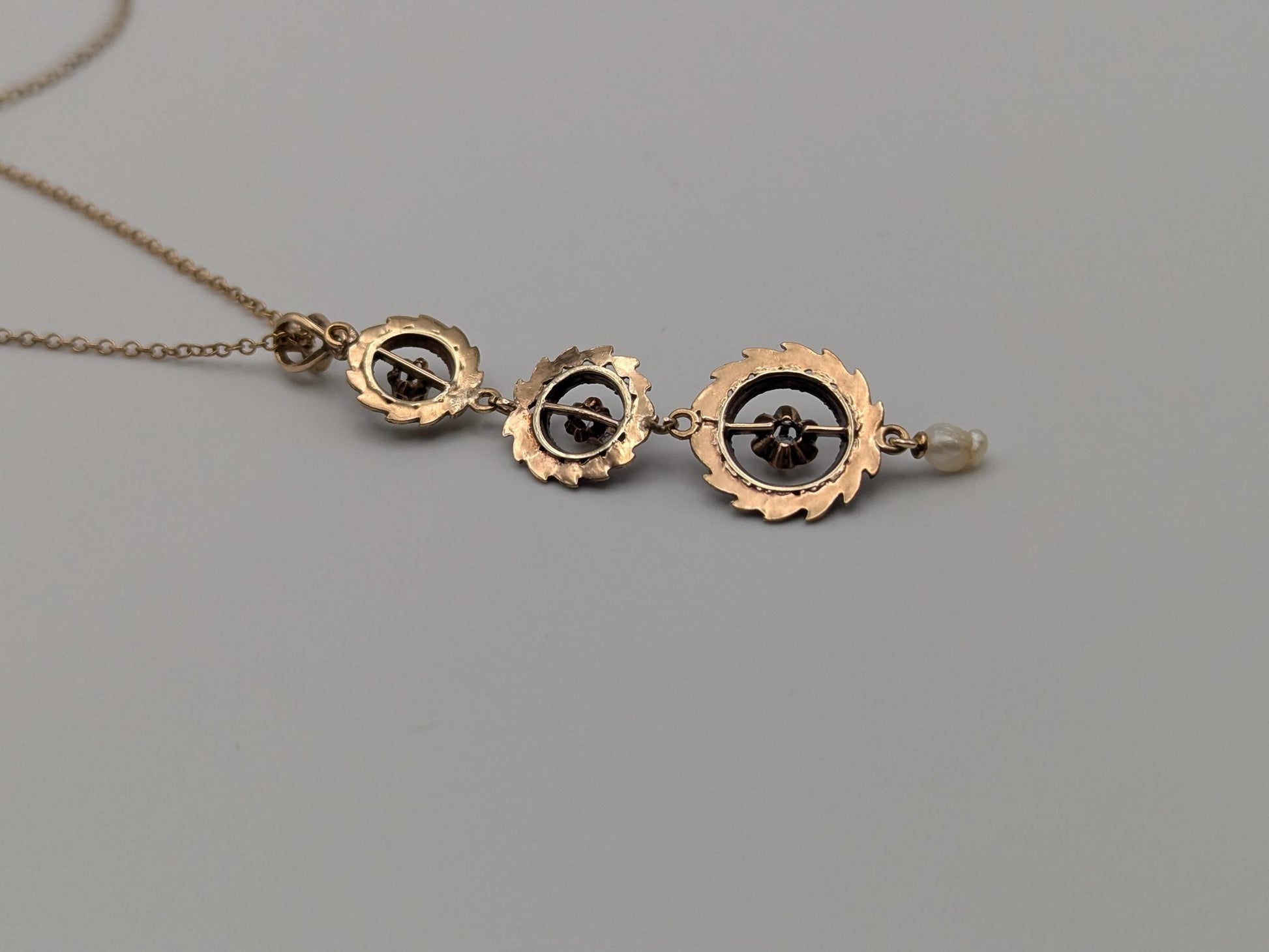Victorian 10k & 14k Pearl Lavaliere Diamond Necklace. Vintage Victorian