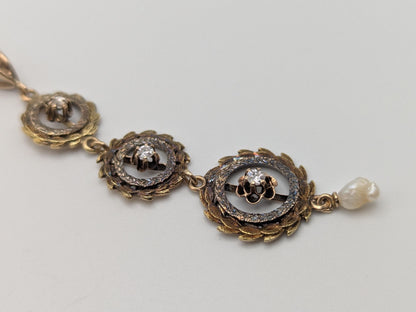 Victorian 10k & 14k Pearl Lavaliere Diamond Necklace. Vintage Victorian