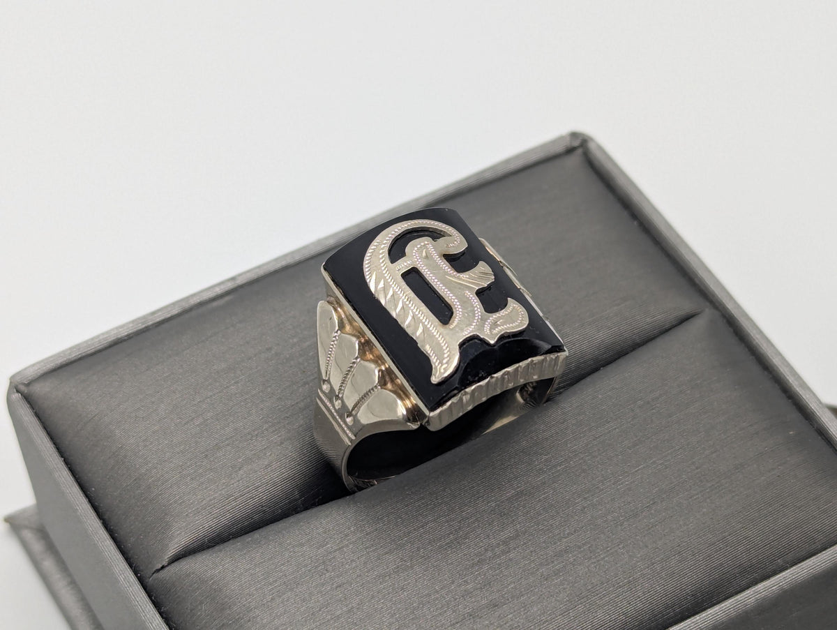 Victorian 10k A or J Letter Monogram Black Onyx Ring Signet Statement Ring.