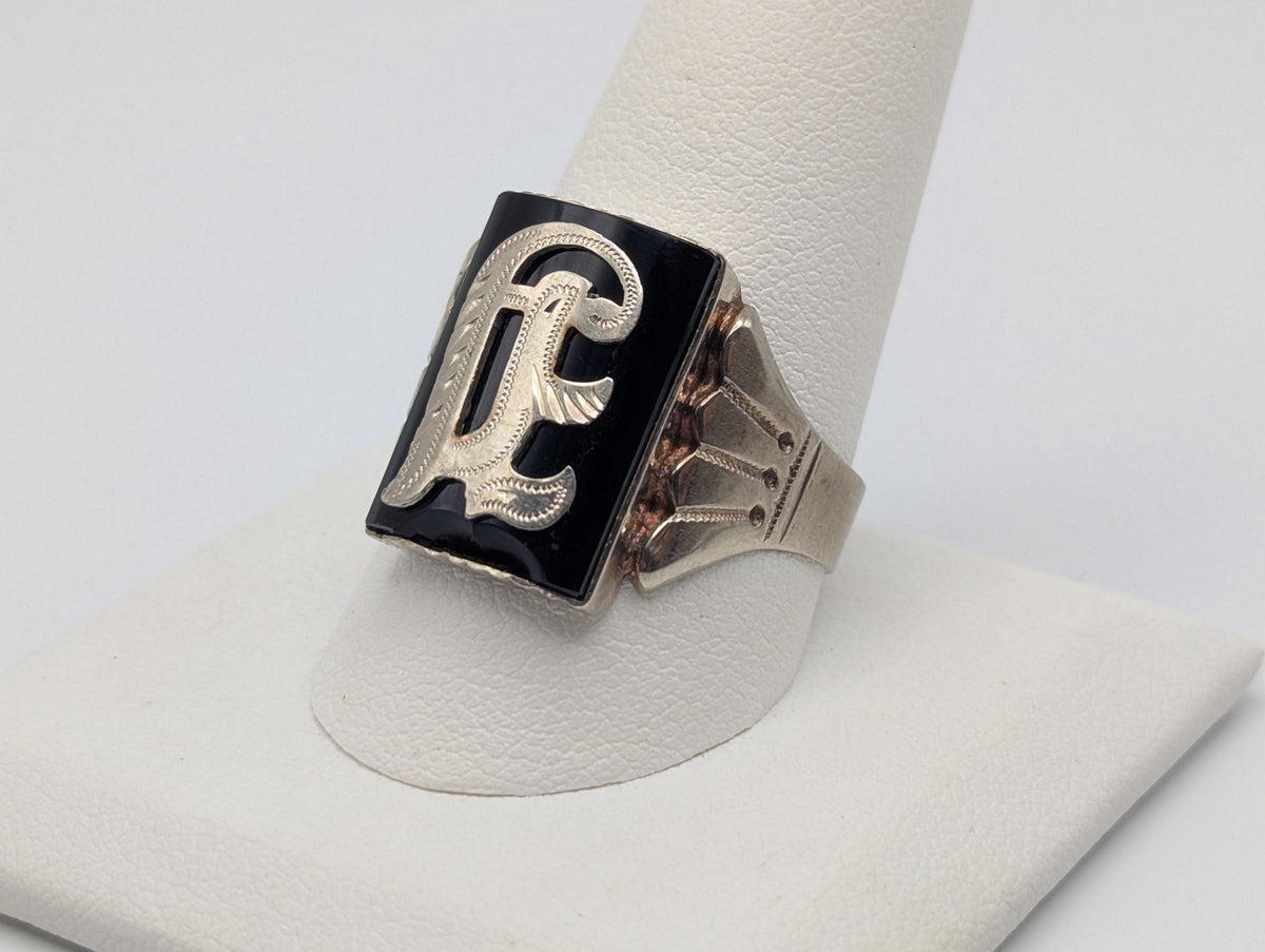 Victorian 10k A or J Letter Monogram Black Onyx Ring Signet Statement Ring.