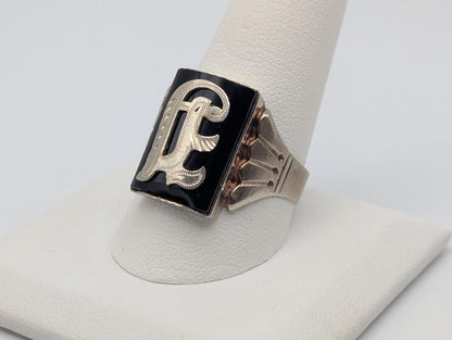 Victorian 10k A or J Letter Monogram Black Onyx Ring Signet Statement Ring.