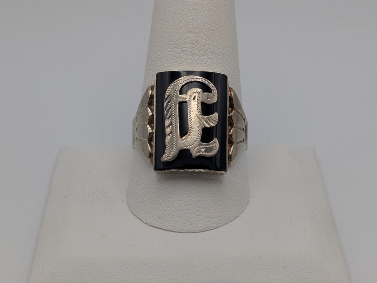 Victorian 10k A or J Letter Monogram Black Onyx Ring Signet Statement Ring.