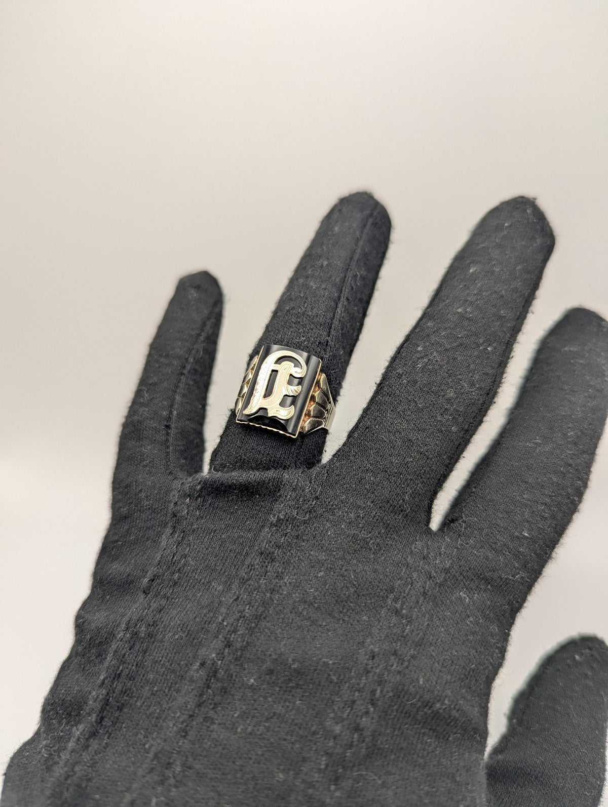 Victorian 10k A or J Letter Monogram Black Onyx Ring Signet Statement Ring.