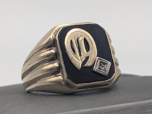 Vintage 10k White Gold Monogram Letter A Black Onyx Diamond Ring Pinky Ring