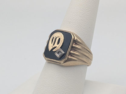 Vintage 10k White Gold Monogram Letter A Black Onyx Diamond Ring Pinky Ring