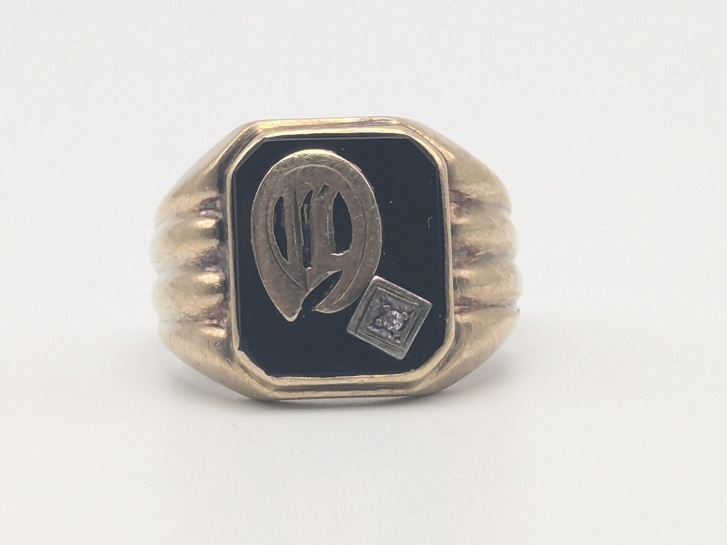 Vintage 10k White Gold Monogram Letter A Black Onyx Diamond Ring Pinky Ring