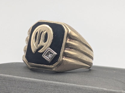 Vintage 10k White Gold Monogram Letter A Black Onyx Diamond Ring Pinky Ring