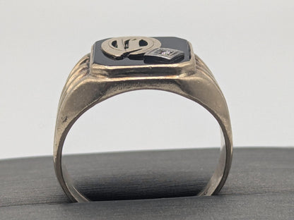 Vintage 10k White Gold Monogram Letter A Black Onyx Diamond Ring Pinky Ring
