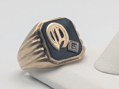 Vintage 10k White Gold Monogram Letter A Black Onyx Diamond Ring Pinky Ring
