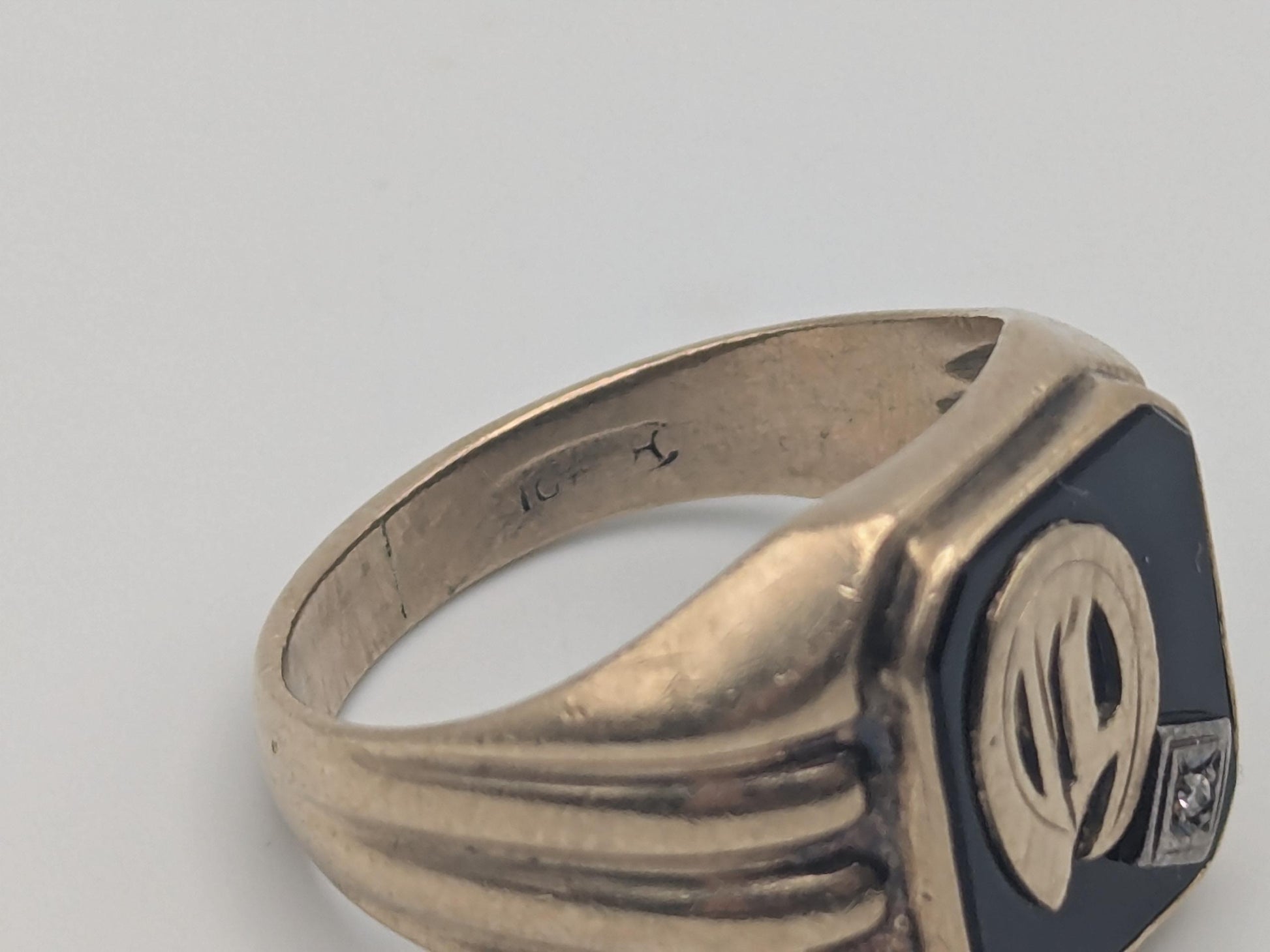 Vintage 10k White Gold Monogram Letter A Black Onyx Diamond Ring Pinky Ring