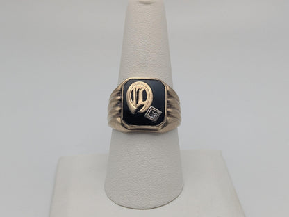 Vintage 10k White Gold Monogram Letter A Black Onyx Diamond Ring Pinky Ring